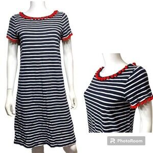 Boden Bridget Jersey Navy & White Stripe Pom Pom T-Shirt Dress Size 8L